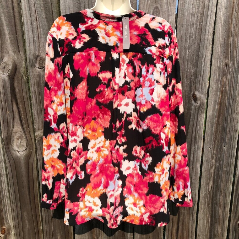 Chico’s NWT Long Sleeve Ikat Pink Black Blouse Top V Neck Tie Long Sleeve - Picture 6 of 9